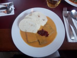 Svíckova + tempeh 

Traditional Czech dumplings  at Vegan's Prague in Prague