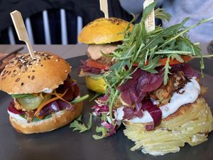 Selection of mini burgers   at Vegan's Prague in Prague