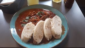 Gulasch mit Knödeln - sehr zu empfehlen! at Vegan's Prague in Prague