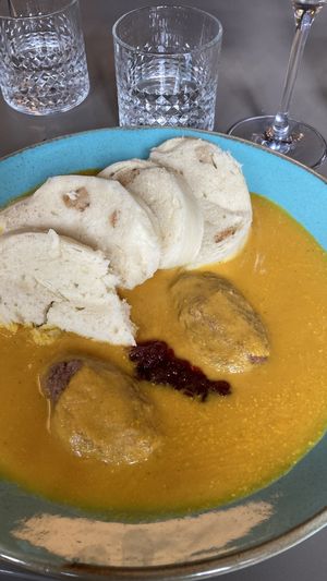 Tempeh in root veg sauce with dumplings   at Vegan's Prague in Prague