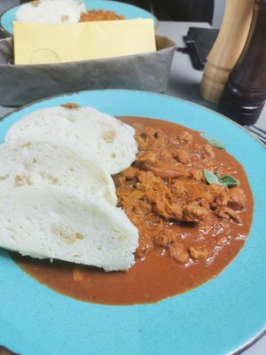 Beer goulash with dumplings at Vegan's Prague in Prague