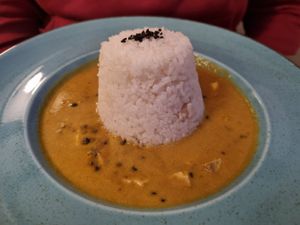 Coconut curry with jasmine rice at Vegan's Prague in Prague