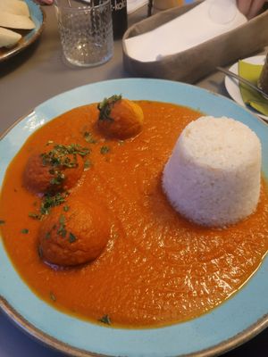 veggie meatballs with tomato sauce and rice at Vegan's Prague in Prague