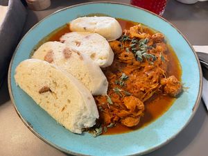 Dumplings and cabbage stew  at Vegan's Prague in Prague
