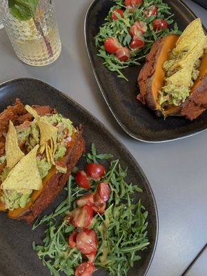 Baked sweet potato and homemade lemonade   at Vegan's Prague in Prague
