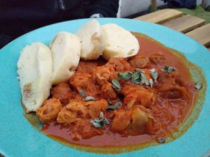 Goulash with soy balls and cabbage + dumplings at Vegan's Prague in Prague