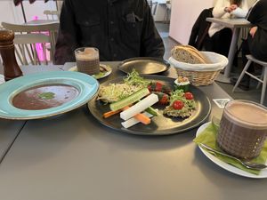 Bean soup: filling, mixed appetizer: excellent to try different foods, good hummus and guacamole, hot chocolate: AMAZING   at Vegan's Prague in Prague