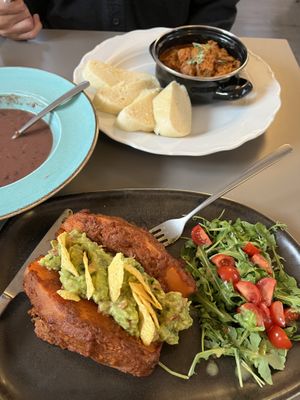 Goulash: a lot of “meat” chunks, sweet potato: very tastyy  at Vegan's Prague in Prague