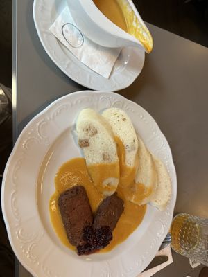 Vegan Sirloin steak with bohemian dumplings   at Vegan's Prague in Prague