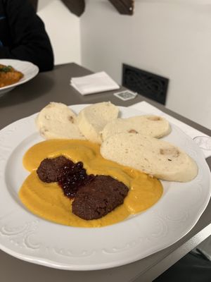 Traditional dumplings with sauce (this had a long name that I can’t spell)  at Vegan's Prague in Prague