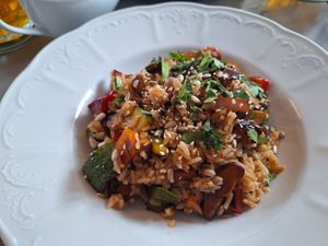 Rice with shiitake mushrooms and tempeh at Vegan's Prague in Prague