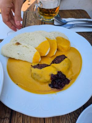Sirloin sauce with non-beef slice and bun dumpling at Vegan's Prague in Prague