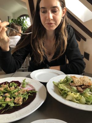 Beetroot slices starter and a Caesar salad were both scrumptious !  at Vegan's Prague in Prague