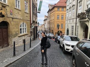 The green banner marks the door to the stairs to the restaurant !  at Vegan's Prague in Prague