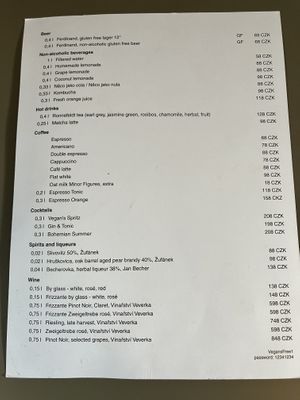 Drink menu  at Vegan's Prague in Prague