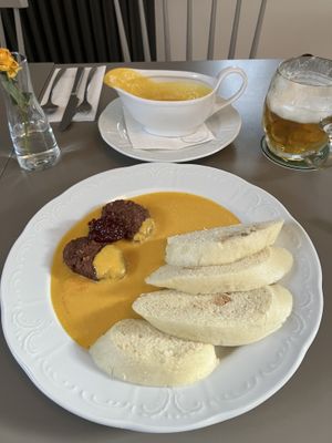 Svickova sauce with nobeef sirloin and bohemian dumplings  at Vegan's Prague in Prague