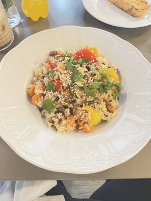 Fried rice with smoked tempeh, shiitake mushrooms and vegetables  at Vegan's Prague in Prague