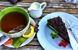 organic rooibos tea & raw chocolate avocado cake at Vegan's Prague in Prague