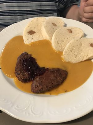 Bread dumplings and beef  at Vegan's Prague in Prague