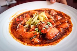 traditional potato goulash at Vegan's Prague in Prague