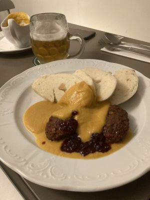 Sirloin steak and dumplings   at Vegan's Prague in Prague