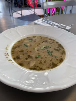 Mushroom and potato soupp  at Vegan's Prague in Prague
