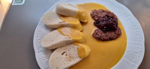 Svickovn sauce with nobeef sirloin and bohemian dumplins at Vegan's Prague in Prague