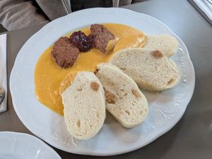 Sirloin sauce with non-beef slice and bun dumpling at Vegan's Prague in Prague