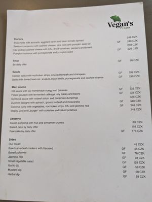 Menu at Vegan's Prague in Prague