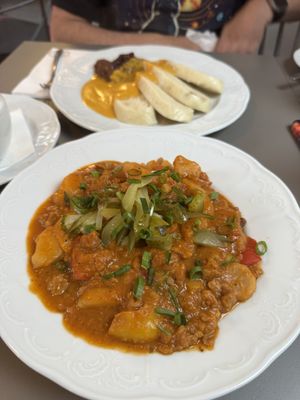Dumplings (far end) and goulash  at Vegan's Prague in Prague