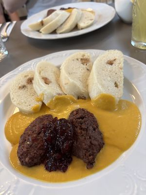 Steak & dumplings  at Vegan's Prague in Prague