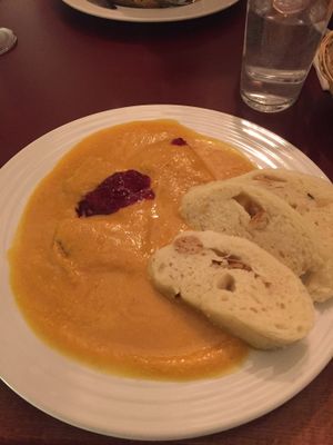 Tempeh with root vegetable creme and dumplings at Vegan's Prague in Prague