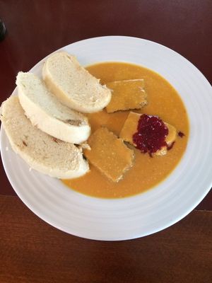 knedliki with gravy and tempeh at Vegan's Prague in Prague