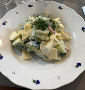 cucumber-yogurt salad with apple, radish and dill!  at Vegan's Prague in Prague