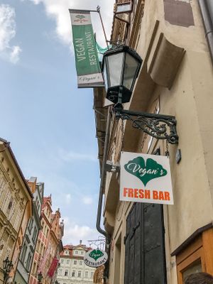 Outside sign - have to walk up a couple flights of narrow stairs to get to the restaurant. at Vegan's Prague in Prague