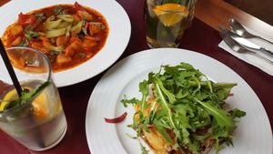 Vegan goulash, GF Burger, homemade lemonade & ice-tea at Vegan's Prague in Prague