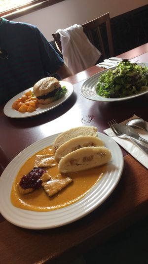 Vegan burger and traditional Czech dish  at Vegan's Prague in Prague