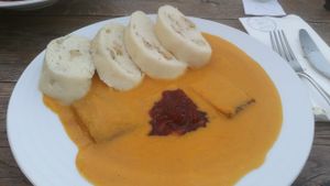 Svickova with dumplings and smoked tempeh at Vegan's Prague in Prague