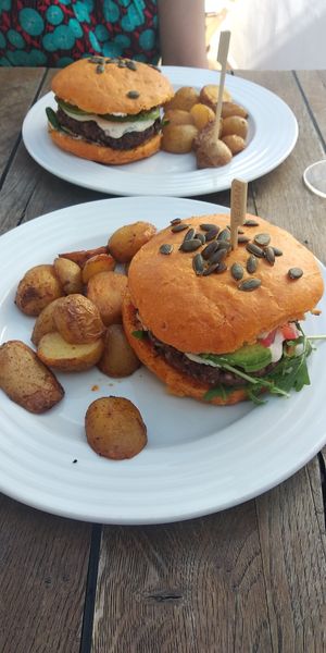 Amazing Rocketman Vegan Pattie with my favourite Portobello mushroom. And the potatoes were also delicious! at Vegan's Prague in Prague