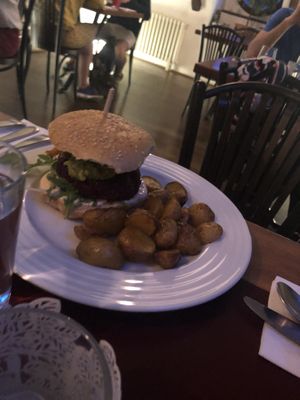 Andy Warhol burger . Made with beets  at Vegan's Prague in Prague