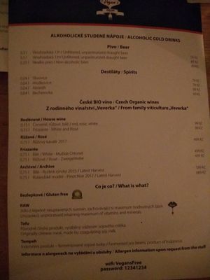 Menu at Vegan's Prague in Prague