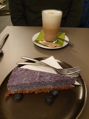 Raw blueberry cheesecake at Vegan's Prague in Prague