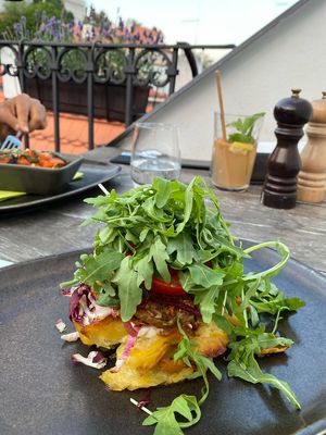 Free bun burger on a potato gratin (gluten-free) SO delicious!!!!!!!! at Vegan's Prague in Prague