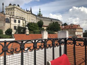 The view from the outside seating area  at Vegan's Prague in Prague