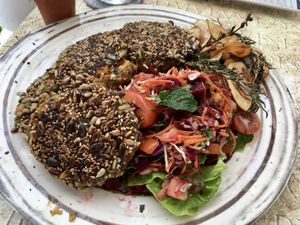 Eggplant burgers with salad  at Eco Eco in Tenerife