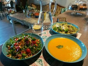 salad,pasta and pumpkin soup  at Eco Eco in Tenerife
