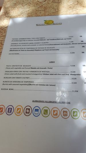 The menu on august 8, 2018 at Eco Eco in Tenerife