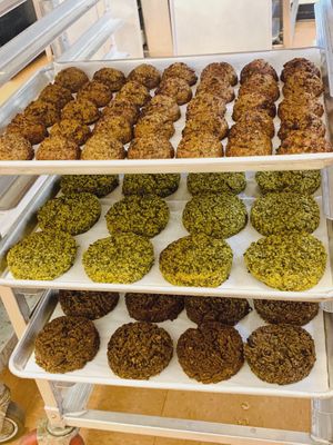 baker's rack of veggie burgers and 'meatballs' at Flourish Baking Company in Scarsdale