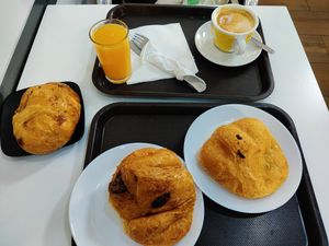 Vegan croissants, coffee and juice at Crois-Sants in Barcelona