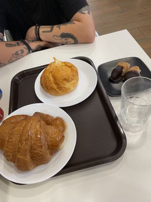 normal (with sugar coating), jamon and queso, dark chocolate minis  at Crois-Sants in Barcelona